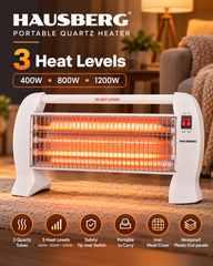 Hausberg HB-810 - Quartz Kachel – Elektrische Verwarming – 1200W – 3 Warmtestanden (400W/800W/1200W) – Draagbaar – Wit