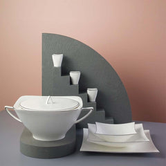 Jumbo Wind Platin Servies 64-Delig – 12 Persoons – Vierkant Porselein Serviesset – Dinerborden Soepborden Dessertborden