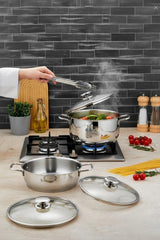 Polochef VTS-100 - Vistal RVS Pannenset 8-Delig – 18/10 Roestvrij Staal – Inclusief Lage Pan – Inductie Geschikt – Zilver