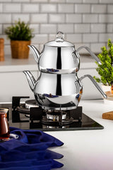 Polochef ZTC-102 - Nostalji RVS Theepot – 18/10 Roestvrij Staal – 2 Delig – Volledig Zilver