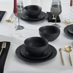Karaca Solem Embossed. 18-delig servies van steengoed. zwart. elegant servies met borden en kommen. ideaal voor 6 personen