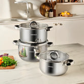 Karaca Magnus - XLarge Pannenset 6-delig – 18/10 RVS – 5.5L. 6.7L & 9.5L – Inductie Geschikt – Roestvrij Staal