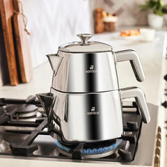 Karaca Brewinox - Large RVS Theepot Set - Dubbele Theepot - Roestvrij Staal - 1L + 2L