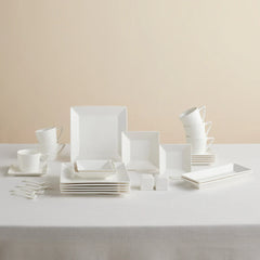 Karaca Trend Emboss 32-delige Ontbijtset – Vierkant – Servies voor 6 Personen – Wit Reliëf Design