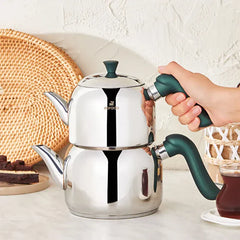Karaca Edana Theepotset Medium - RVS - Inductie - 1.35L + 1.95L - Groen/Zilver - Dubbele Theeketel - theepot