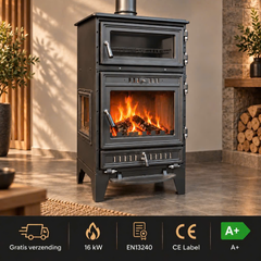S107/3D Sabah Kamin mit Ofen – Dreifach-Verglasung - Holzöfen – Gusseiserner Kaminofen- Mattschwarz – 15,87 KW – Inklusive, Backblech, Ofenrost, Haken ,Schaber und Ofenrohre