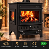 S106/3D - Sabah Offener Kaminofen - Dreifach-Verglasung Kaminofen - Gusseisen – Holzöfen- Kaminöfen - Mattschwarz– 15,21 KW- Außenstahl Offener Kamin – Inklusive Haken und Schieber