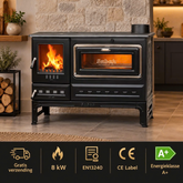 S12UC Sabah Offener Kamin mit Ofen (Auf Sockel) – Holzöfen mit feuerfestem Stein – Gusseisen-Kaminofen – Mattschwarz – 7,99 kW – Inklusive Haken und Schieber