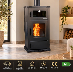 PLT02 Poêle à granulés Sabah avec four – Chauffage efficace & fonction de cuisson, capacité de 13 kg, 75-80 m², noir mat - Inclus : grattoir, crochet et plaque de cuisson