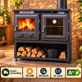 S108 Sabah Luxus-Kaminofen + Ofen mit Thermometer – Gusseisen – Holzöfen- Kamine -Mattschwarz – 10 kW- Außen-Stahlkamin – Inklusive Ofengrill, Haken und Schaber