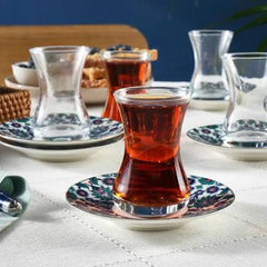 Karaca Edirne - 12-delige Turkse Theeset voor 6 Personen – 130 ml – New Bone Schotels – Multicolor – Traditioneel Design – Vaatwasserbestendig