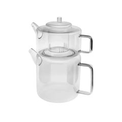 Karaca Flat Borosilicaat Glazen Theepot Set - 1,1L Boven - 1,8L Onderpot - Modern en Hittebestendig Ontwerp