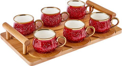 Karaca Bambu - Rode koffiekopjesset - 6 Persoons met Bamboe Dienblad - 90 ml