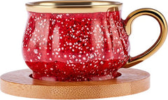Karaca Bambu - Rode koffiekopjesset - 6 Persoons met Bamboe Dienblad - 90 ml