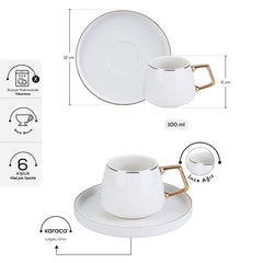 Karaca Saturn - New bone - Gold Koffiekopjes met Onderzetters - 90 ml - Set van 6 - 12-Delig