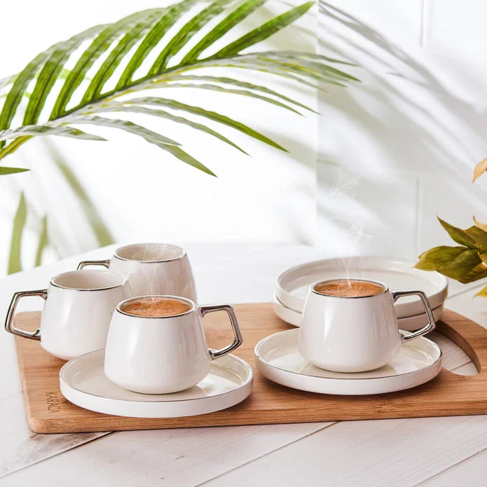 Karaca Saturn - Platinum Porseleinen Koffiekopjes Set met Onderzetters - Set van 6 - 12-Delig - 100 ml