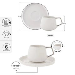 Karaca Saturn - Platinum Porseleinen Koffiekopjes Set met Onderzetters - Set van 6 - 12-Delig - 100 ml