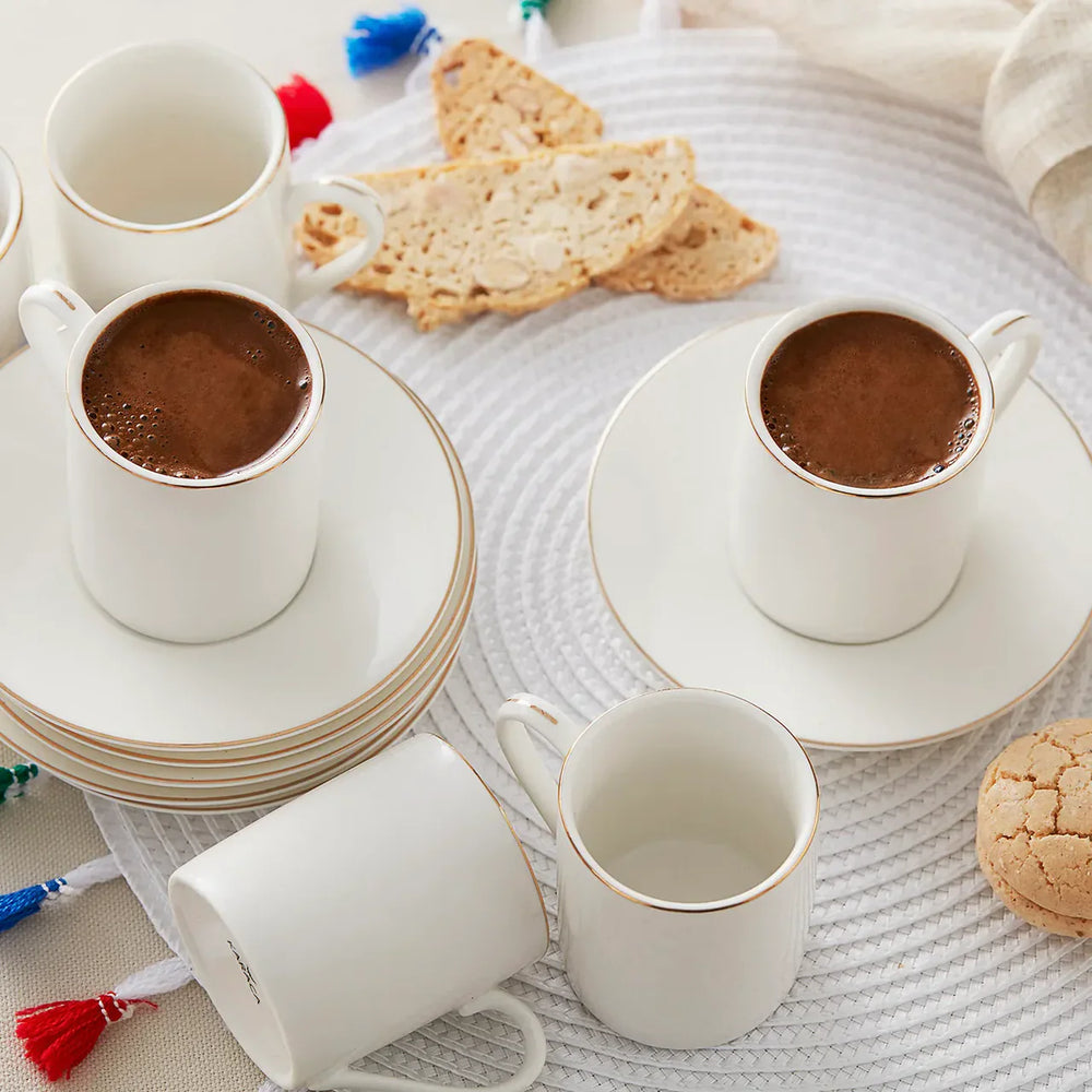 Karaca Elda - Porseleinen Koffiekopjes Set met Onderzetters - Wit Goud - 6-Persoons - 80 ml