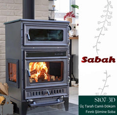S107/3D Sabah Open Haard Met Oven – Drie-Raams Haard - Houtkachels – Gietijzer Haardkachel- Mat Zwart – 15,87 KW – Inclusief, Bakplaat, Ovengrill, Haak ,Schraper en Kachelpijpen