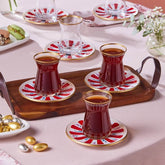 Karaca Bursa - Theeglazen met Onderzetters - 12-delig - Rood/Wit