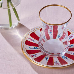 Karaca Bursa - Theeglazen met Onderzetters - 12-delig - Rood/Wit