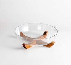Acacia - Ronde Glazen Schaal met Acaciahouten Houder – Fruitschaal - Ø28 cm x H8,5 cm – Decoratieve Snackkom / Serveerschaal voor Snacks en Decoratie