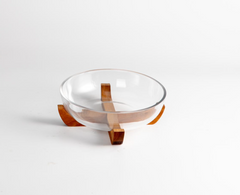 Acacia - Ronde Glazen Fruitschaal met Acaciahouten Houder – Ø21 cm x H7,5 cm – Decoratieve Snackkom / Serveerschaal