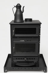 S107 Sabah Open Haard Met Oven - Houtkachels - Gietijzer Haardkachel- Mat Zwart - 15,87 KW - Bakplaat, Ovengrill, Haak en Schraper -Zwart
