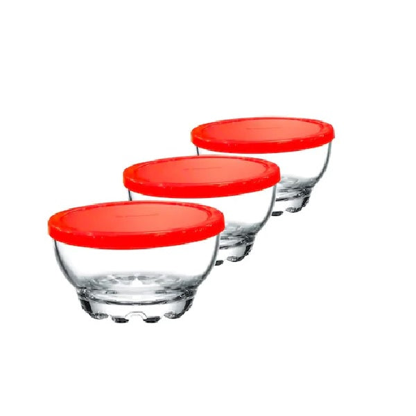 Paşabahçe - Glazen Kommetjes Met Rode Deksel - 105 mm - Set Van 3