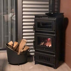 S103 Sabah Openhaard Met Oven - Houtkachel - Mat Zwart - 10,56KW- Haard- Gietijzeren Open Haard -Inclusief Bakplaat, Ovengrill, Haak en Schraper