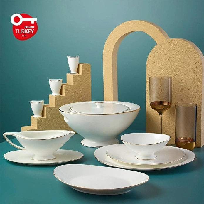 Jumbo Moon Gold - Serviesset – 64-delig – 12 Personen – New Bone – Wit met Gouden Rand – Luxe Dinnerset – Incl. Schalen