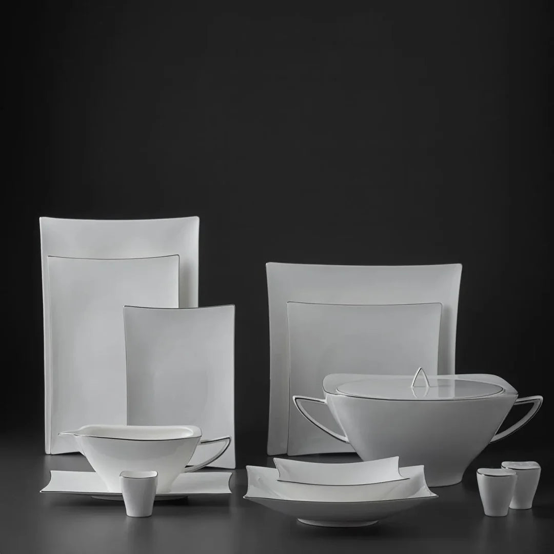Jumbo Wind Platin Servies 64-Delig – 12 Persoons – Vierkant Porselein Serviesset – Dinerborden Soepborden Dessertborden