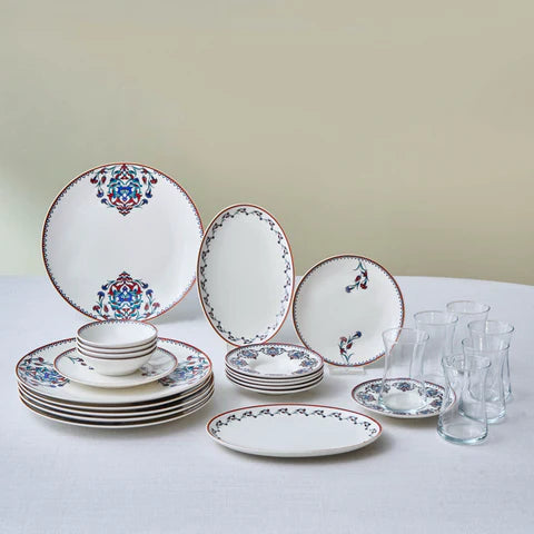 Karaca Nakkas - New Bone Frühstücksset/Servierset 26-teilig - 6 Personen - Multicolor - Teetassen. Schalen und Teller