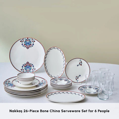 Karaca Nakkas - New Bone Frühstücksset/Servierset 26-teilig - 6 Personen - Multicolor - Teetassen. Schalen und Teller