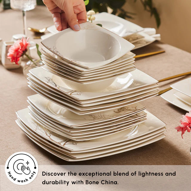 Karaca Square Autumn - 53-Delige Serviesset voor 12 Personen – Wit/Multicolor – Luxe New Bone Dinerservies