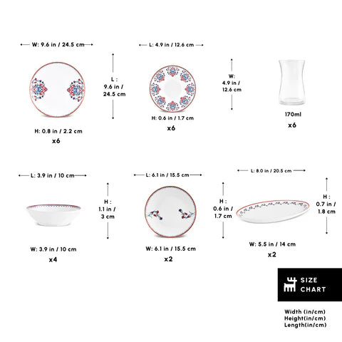 Karaca Nakkas - New Bone Frühstücksset/Servierset 26-teilig - 6 Personen - Multicolor - Teetassen. Schalen und Teller
