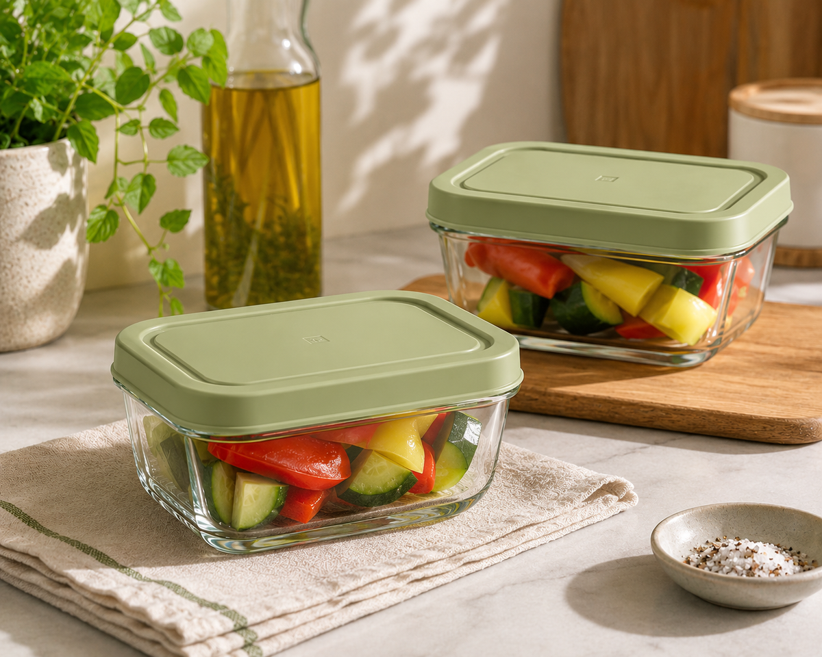 Pasabahce Snowbox - Vershoudbakjes Met Groene Deksel - Set van 2 - 420 ml