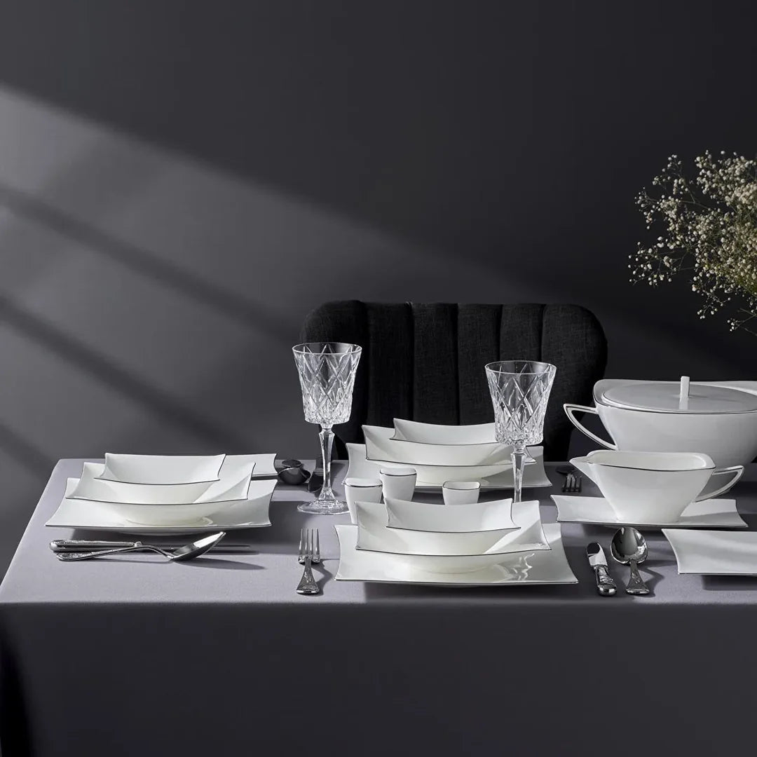 Jumbo Wind Platin Servies 64-Delig – 12 Persoons – Vierkant Porselein Serviesset – Dinerborden Soepborden Dessertborden
