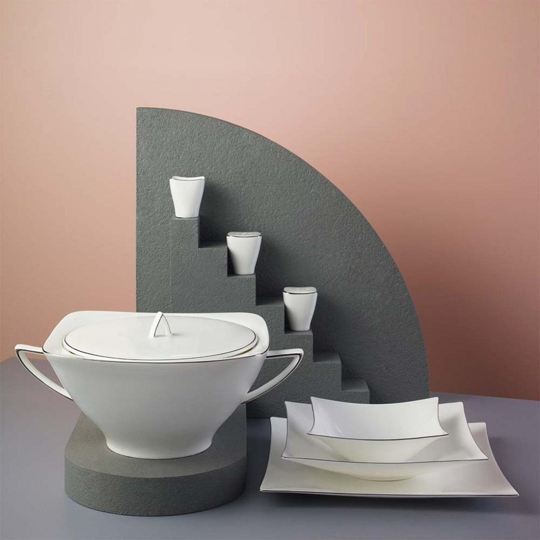 Jumbo Wind Platin Servies 64-Delig – 12 Persoons – Vierkant Porselein Serviesset – Dinerborden Soepborden Dessertborden