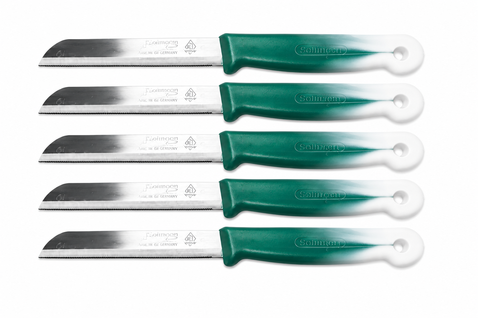 Solingen - Groente- en Schilmes - Groen/Wit – Gekarteld RVS Mes – Set van 6 -  Made in Germany