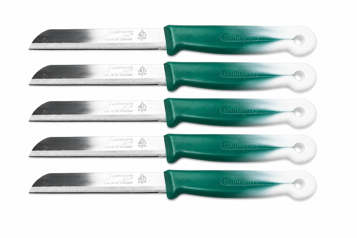 Solingen - Groente- en Schilmes - Groen/Wit – Gekarteld RVS Mes – Set van 6 -  Made in Germany