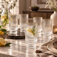 Bavary - Ripple Drinkglazen met Gouden Rand – 6-delig – Geribbeld Glas – Luxe Waterglazen - 300 ml