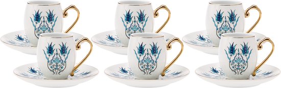 Karaca Iznik Turkse Koffieset – 12-delig – 6 Personen – Porseleinen Koffiekopjes met Schotels – Espresso & Mokka Set