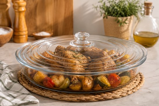 Borcam 590280 - Multisize Glazen Deksel – Universeel 3-in-1 – 24, 26 & 28 cm – Voor Pannen en Ovenschalen