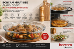 Borcam 590280 - Multisize Glazen Deksel – Universeel 3-in-1 – 24, 26 & 28 cm – Voor Pannen en Ovenschalen