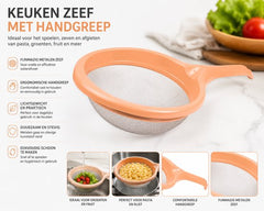 Sunplast SC-365 - Keuken Zeef met Handgreep – Fijnmazig Metalen Vergiet voor Pasta, Groenten en Fruit – Kunststof Rand – Perzikkleur