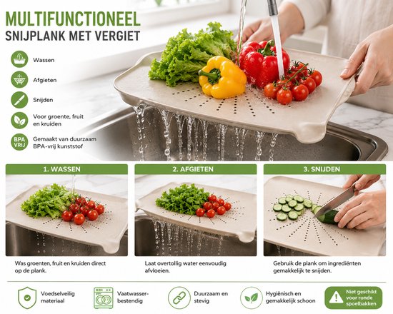 Sunplast SC-338 - Snijplank met Vergiet – Multifunctionele Keuken Snijplank voor Groenten & Fruit – BPA-vrij