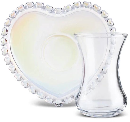 Karaca Rory - Glazen Turkse Theeglazen met Onderzetters – 12-delig – 6 Personen – 14 cm - Hartvormig