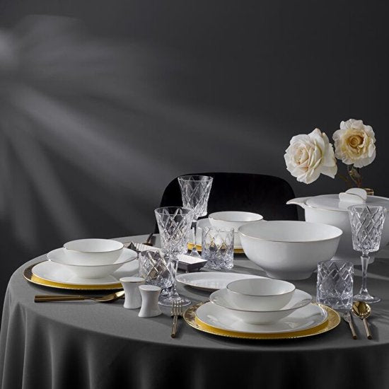 Jumbo Golda - Serviesset 61-delig – 12 Personen – Wit/Goud – Luxe New Bone Dinerservies met Soepterrine, Ovalen Schalen en Kommen