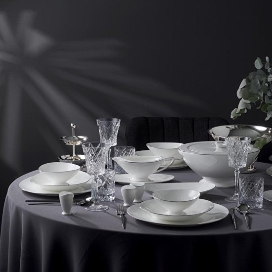 Jumbo Moon Platin - Serviesset 64-delig – 12 Personen – Wit/Zilver – Luxe New Bone Dinerservies met Schalen en Soepterrine